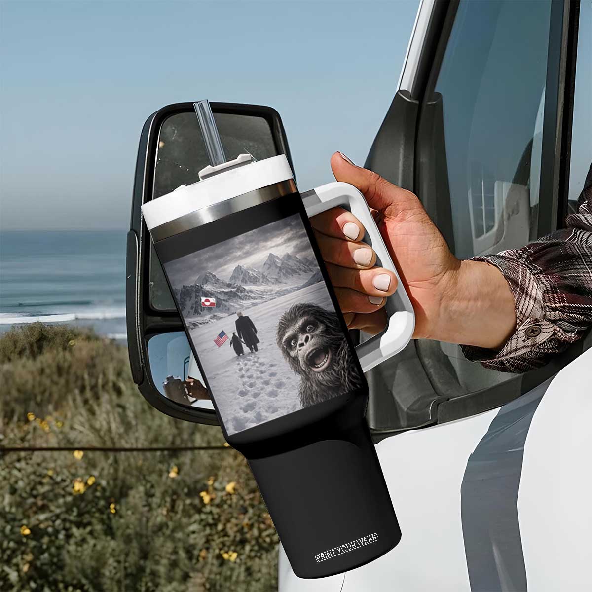 Nihilist Penguin Trump Hiking Mountains Tumbler With Handle Funny Bigfoot Selfie But Why TS14 Print Your Wear