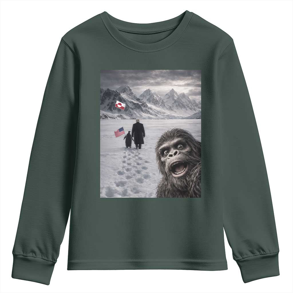 Nihilist Penguin Trump Hiking Mountains Youth Sweatshirt Funny Bigfoot Selfie But Why TS14 Dark Forest Green Print Your Wear