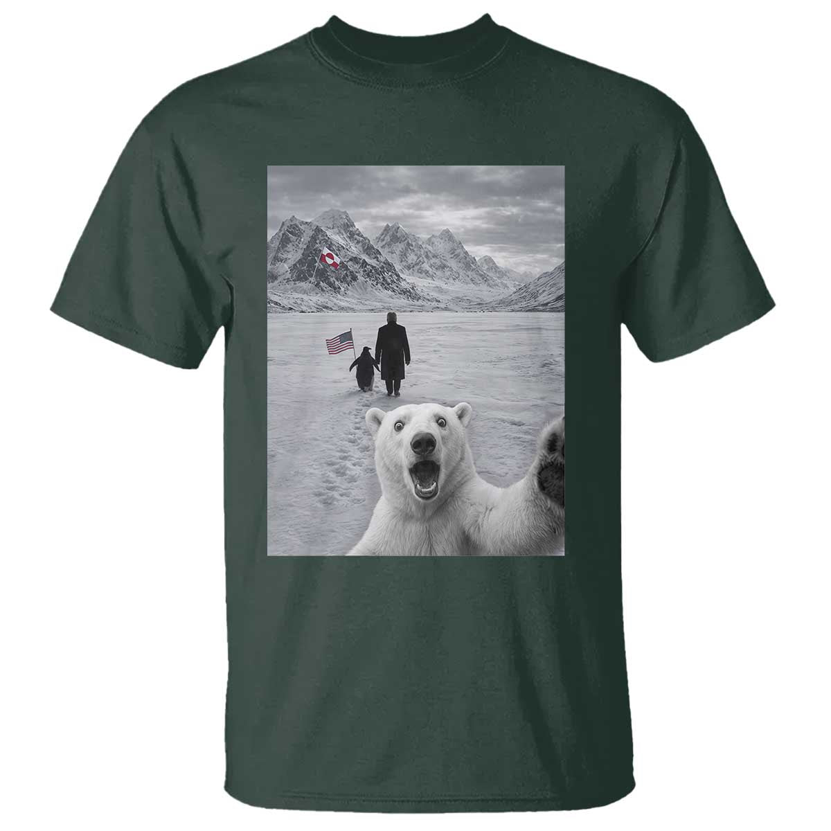Nihilist Penguin Trump Hiking Mountains T Shirt Funny Polar Bear Selfie But Why TS14 Dark Forest Green Print Your Wear