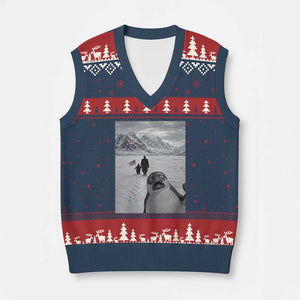 Nihilist Penguin Trump Hiking Mountains V-Neck Knit Sweater Vest Funny Penguin Selfie But Why TS14 Navy Red Print Your Wear