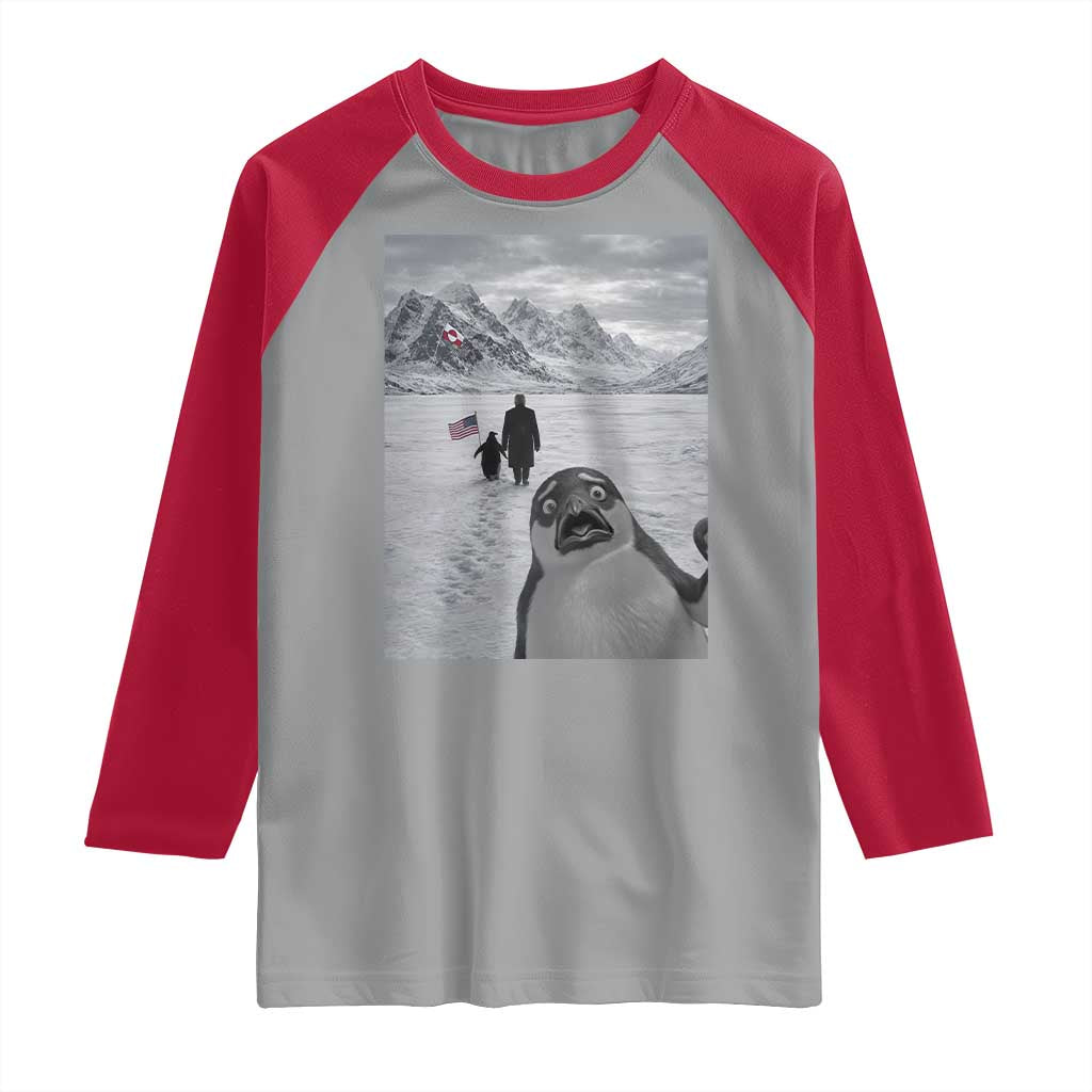 Nihilist Penguin Trump Hiking Mountains Raglan Shirt Funny Penguin Selfie But Why TS14 Sport Gray Red Print Your Wear