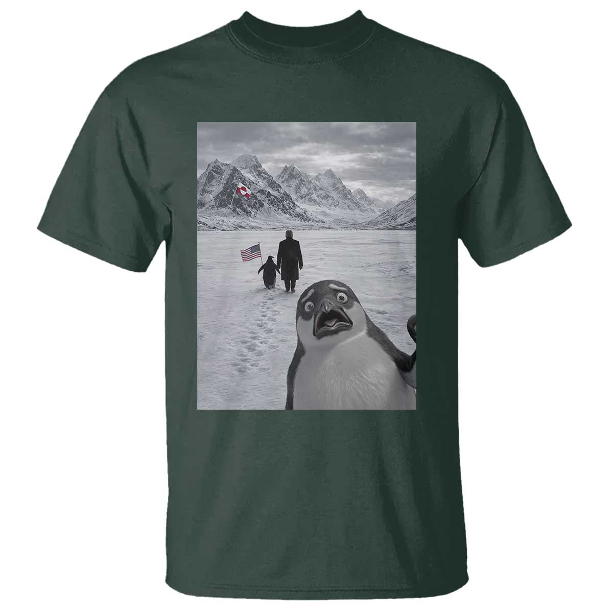 Nihilist Penguin Trump Hiking Mountains T Shirt Funny Penguin Selfie But Why TS14 Dark Forest Green Print Your Wear