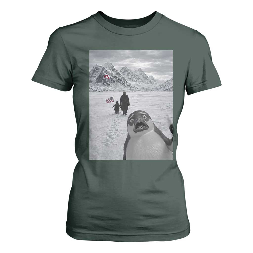 Nihilist Penguin Trump Hiking Mountains T Shirt For Women Funny Penguin Selfie But Why TS14 Dark Forest Green Print Your Wear
