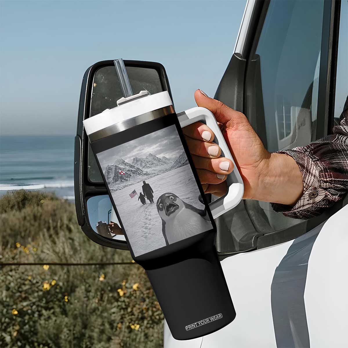 Nihilist Penguin Trump Hiking Mountains Tumbler With Handle Funny Penguin Selfie But Why TS14 Print Your Wear