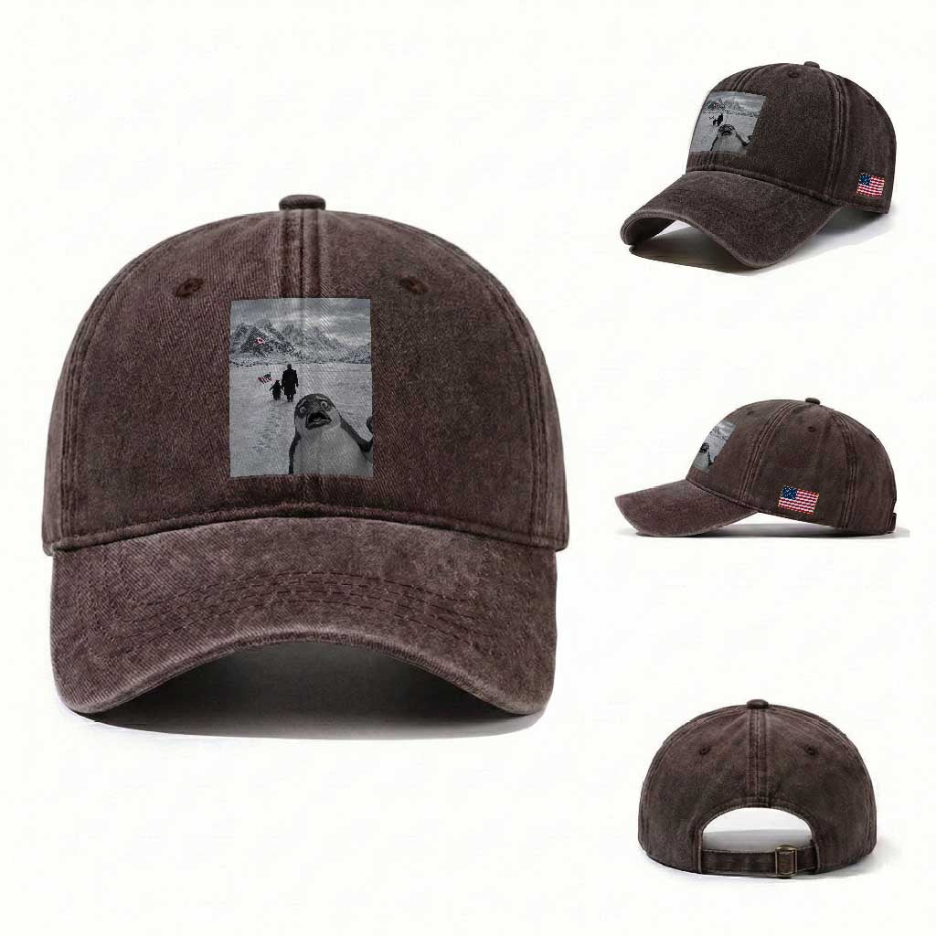 Nihilist Penguin Trump Hiking Mountains Washed Cotton Baseball Cap Funny Penguin Selfie But Why TS14 Washed Cap Universal Fit Dark Brown Print Your Wear
