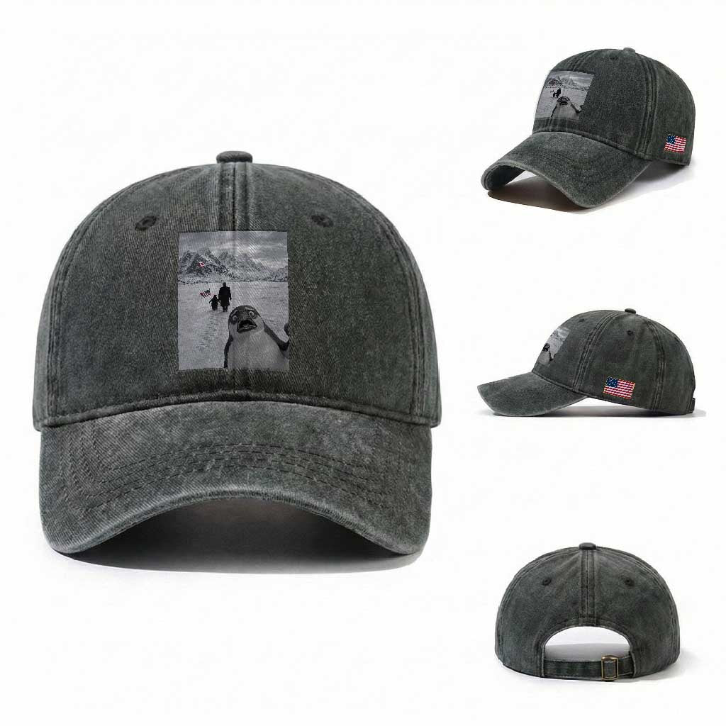 Nihilist Penguin Trump Hiking Mountains Washed Cotton Baseball Cap Funny Penguin Selfie But Why TS14 Washed Cap Universal Fit Dark Green Print Your Wear