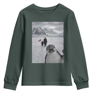 Nihilist Penguin Trump Hiking Mountains Youth Sweatshirt Funny Penguin Selfie But Why TS14 Dark Forest Green Print Your Wear