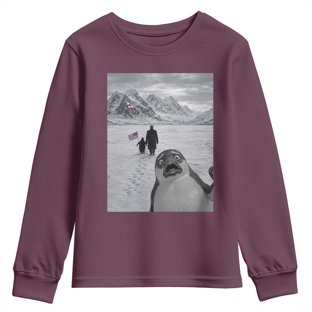 Nihilist Penguin Trump Hiking Mountains Youth Sweatshirt Funny Penguin Selfie But Why TS14 Maroon Print Your Wear