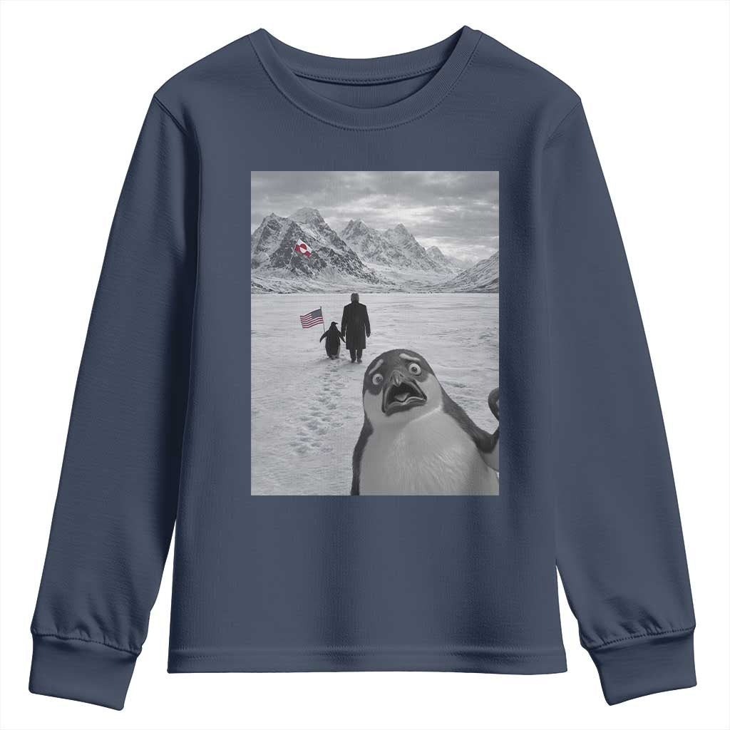 Nihilist Penguin Trump Hiking Mountains Youth Sweatshirt Funny Penguin Selfie But Why TS14 Navy Print Your Wear