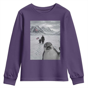 Nihilist Penguin Trump Hiking Mountains Youth Sweatshirt Funny Penguin Selfie But Why TS14 Purple Print Your Wear