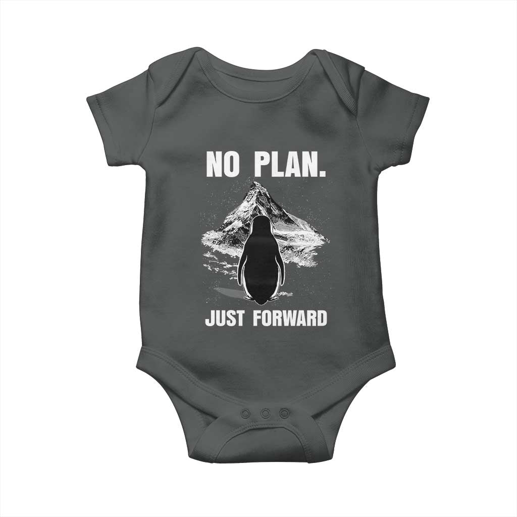 Nihilist Penguin Hiking Meme Baby Onesie No Plan Just Forward TS14 Dark Heather Print Your Wear