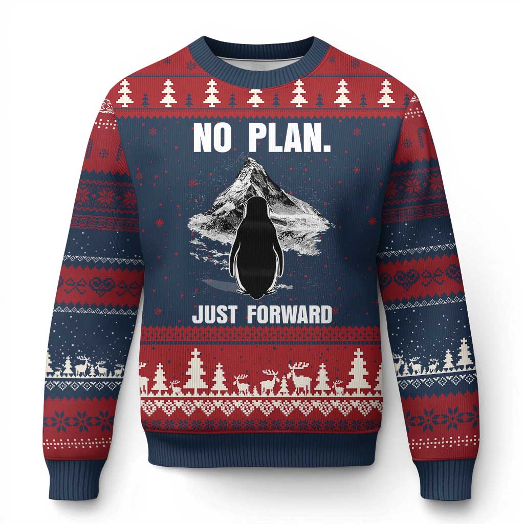 Nihilist Penguin Hiking Meme Ugly Christmas Sweater No Plan Just Forward TS14 Navy Red Print Your Wear