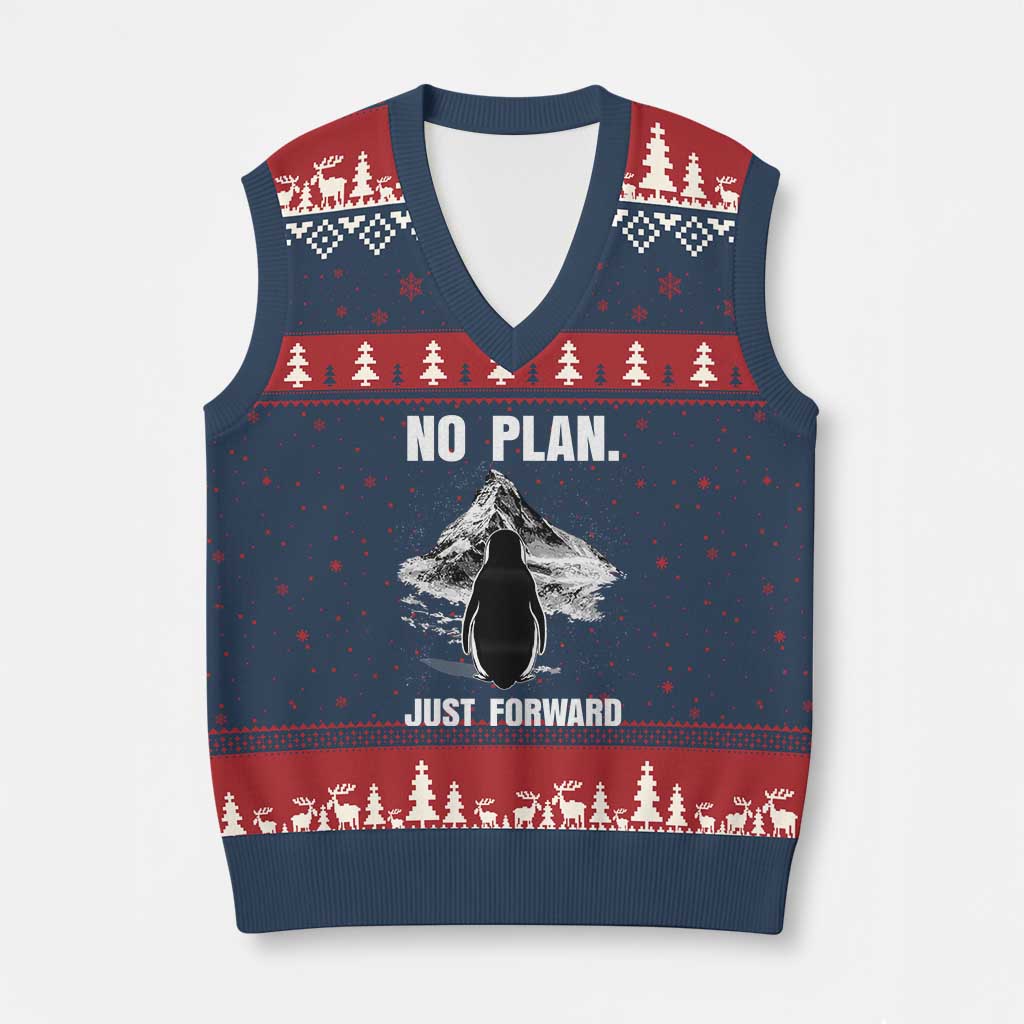 Nihilist Penguin Hiking Meme V-Neck Knit Sweater Vest No Plan Just Forward TS14 Navy Red Print Your Wear