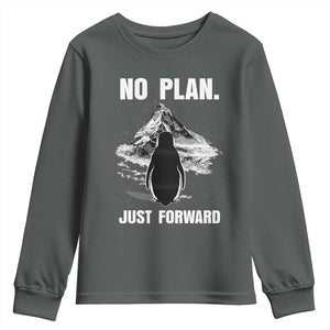 Nihilist Penguin Hiking Meme Youth Sweatshirt No Plan Just Forward TS14 Dark Heather Print Your Wear