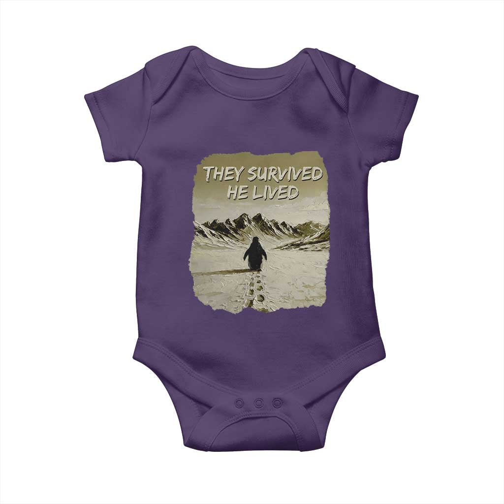 Nihilist Penguin Hiking Meme Baby Onesie They Survived He Lived TS14 Purple Print Your Wear
