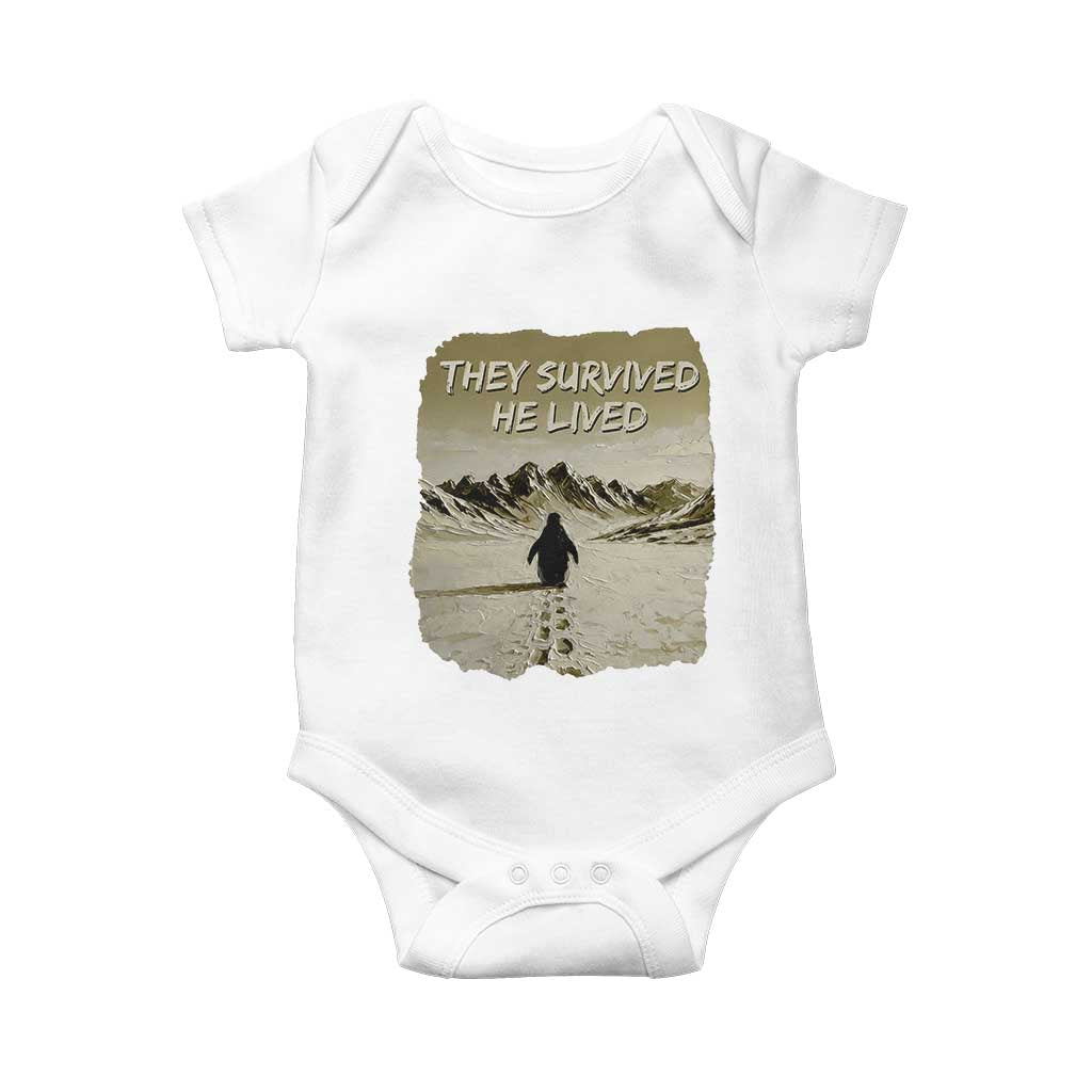 Nihilist Penguin Hiking Meme Baby Onesie They Survived He Lived TS14 White Print Your Wear
