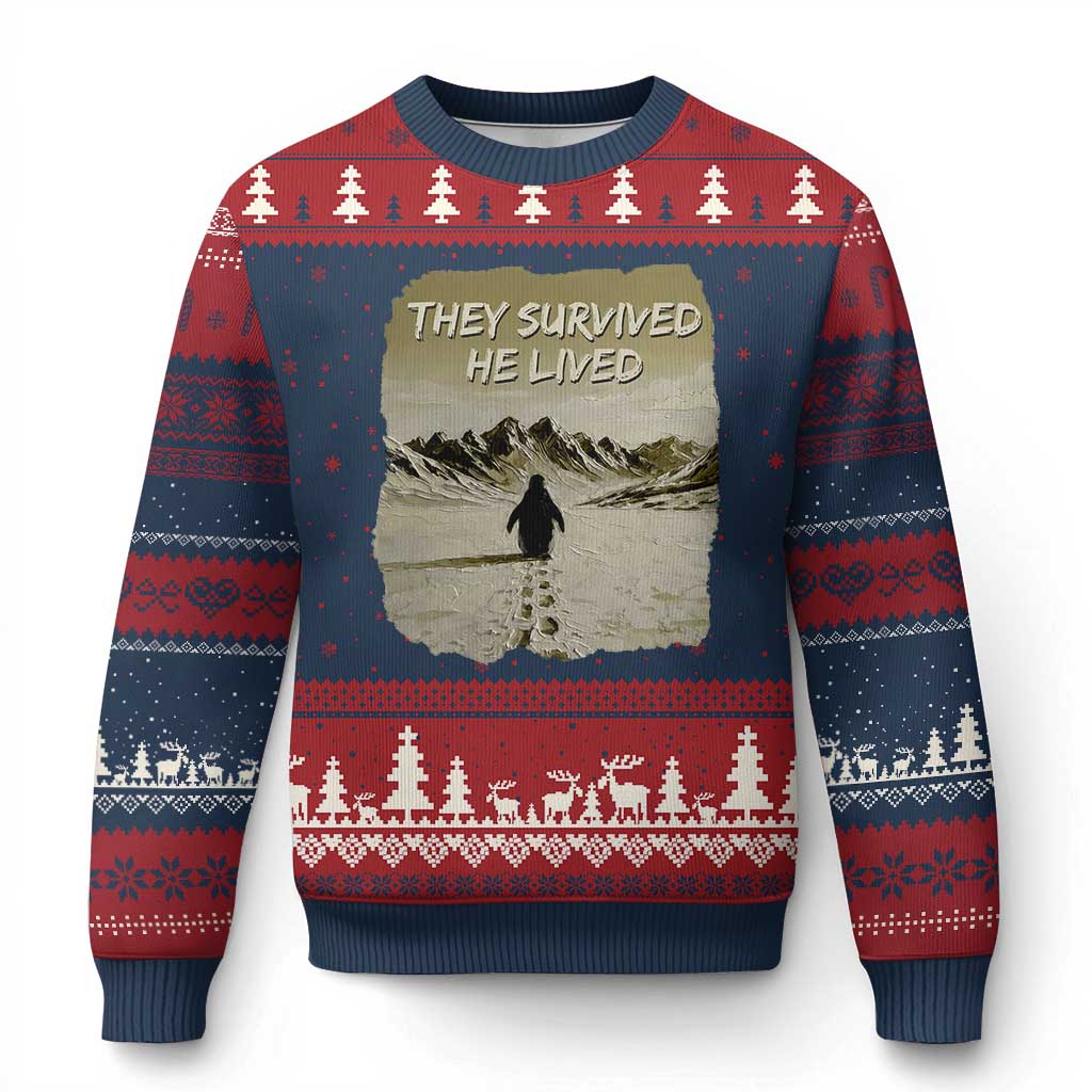 Nihilist Penguin Hiking Meme Ugly Christmas Sweater They Survived He Lived TS14 Navy Red Print Your Wear