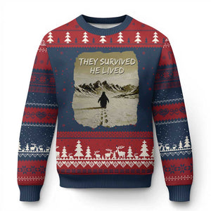 Nihilist Penguin Hiking Meme Ugly Christmas Sweater They Survived He Lived TS14 Navy Red Print Your Wear