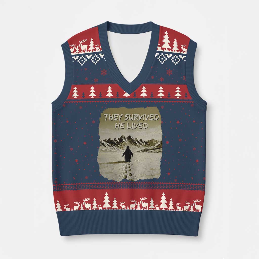Nihilist Penguin Hiking Meme V-Neck Knit Sweater Vest They Survived He Lived TS14 Navy Red Print Your Wear