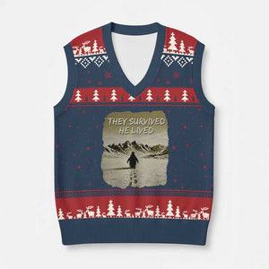 Nihilist Penguin Hiking Meme V-Neck Knit Sweater Vest They Survived He Lived TS14 Navy Red Print Your Wear