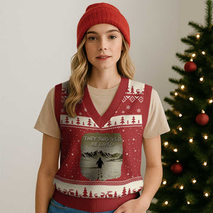 Nihilist Penguin Hiking Meme V-Neck Knit Sweater Vest They Survived He Lived TS14 Red Beige Print Your Wear
