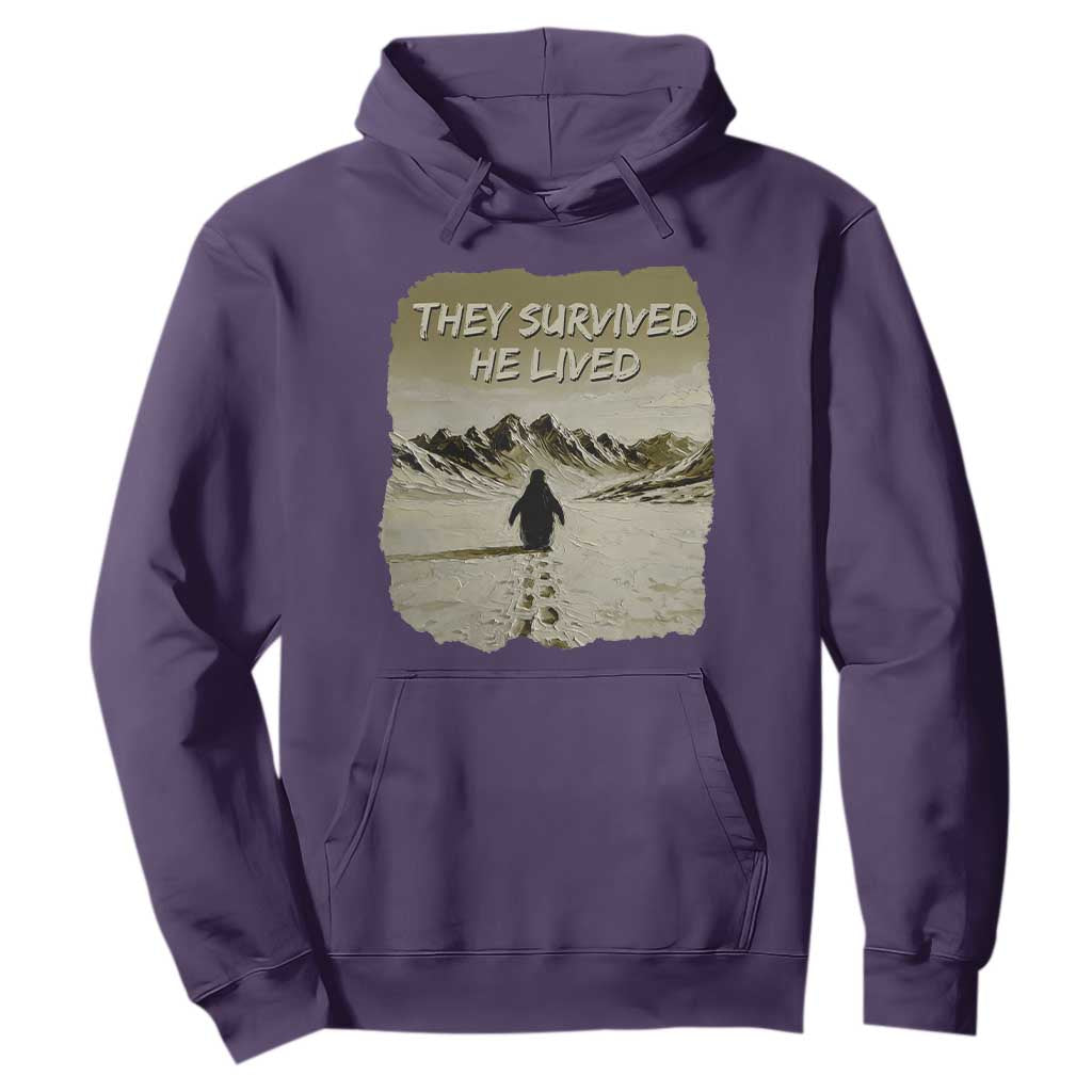 Nihilist Penguin Hiking Meme Hoodie They Survived He Lived TS14 Purple Print Your Wear