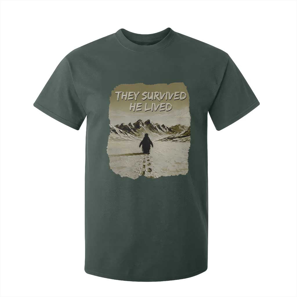 Nihilist Penguin Hiking Meme T Shirt For Kid They Survived He Lived TS14 Dark Forest Green Print Your Wear