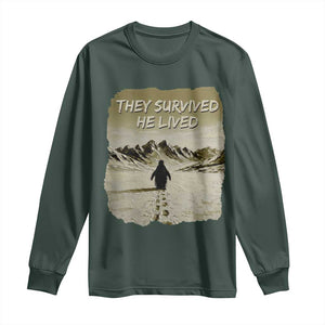 Nihilist Penguin Hiking Meme Long Sleeve Shirt They Survived He Lived TS14 Dark Forest Green Print Your Wear