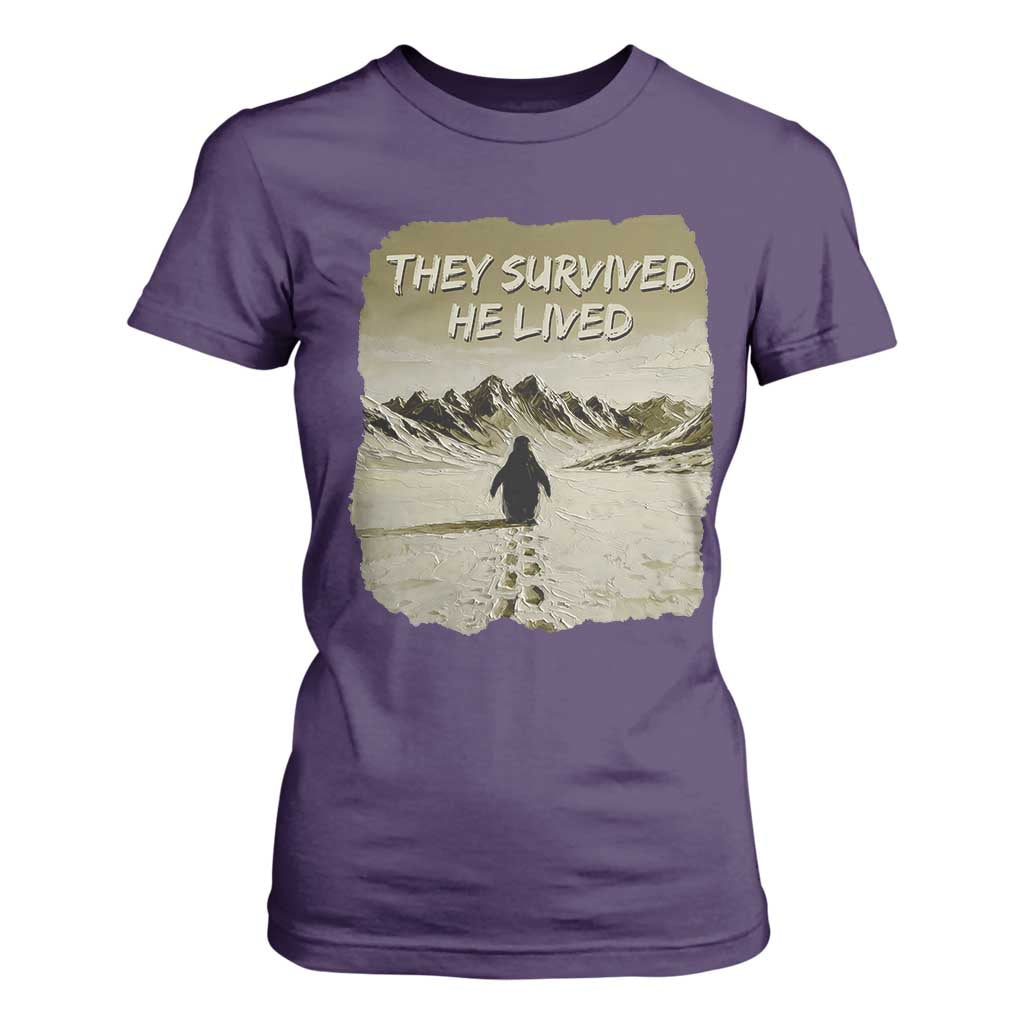 Nihilist Penguin Hiking Meme T Shirt For Women They Survived He Lived TS14 Purple Print Your Wear