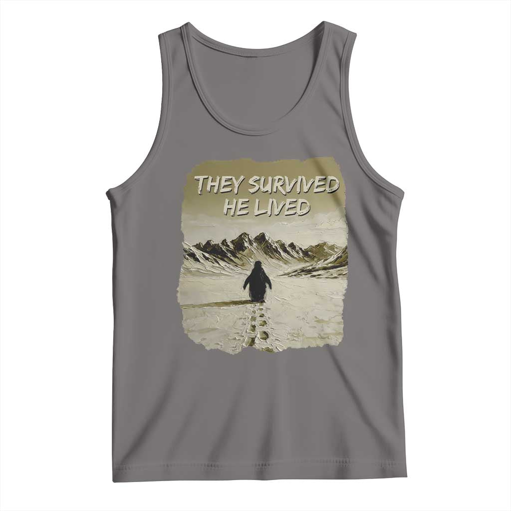 Nihilist Penguin Hiking Meme Tank Top They Survived He Lived TS14 Deep Heather Print Your Wear