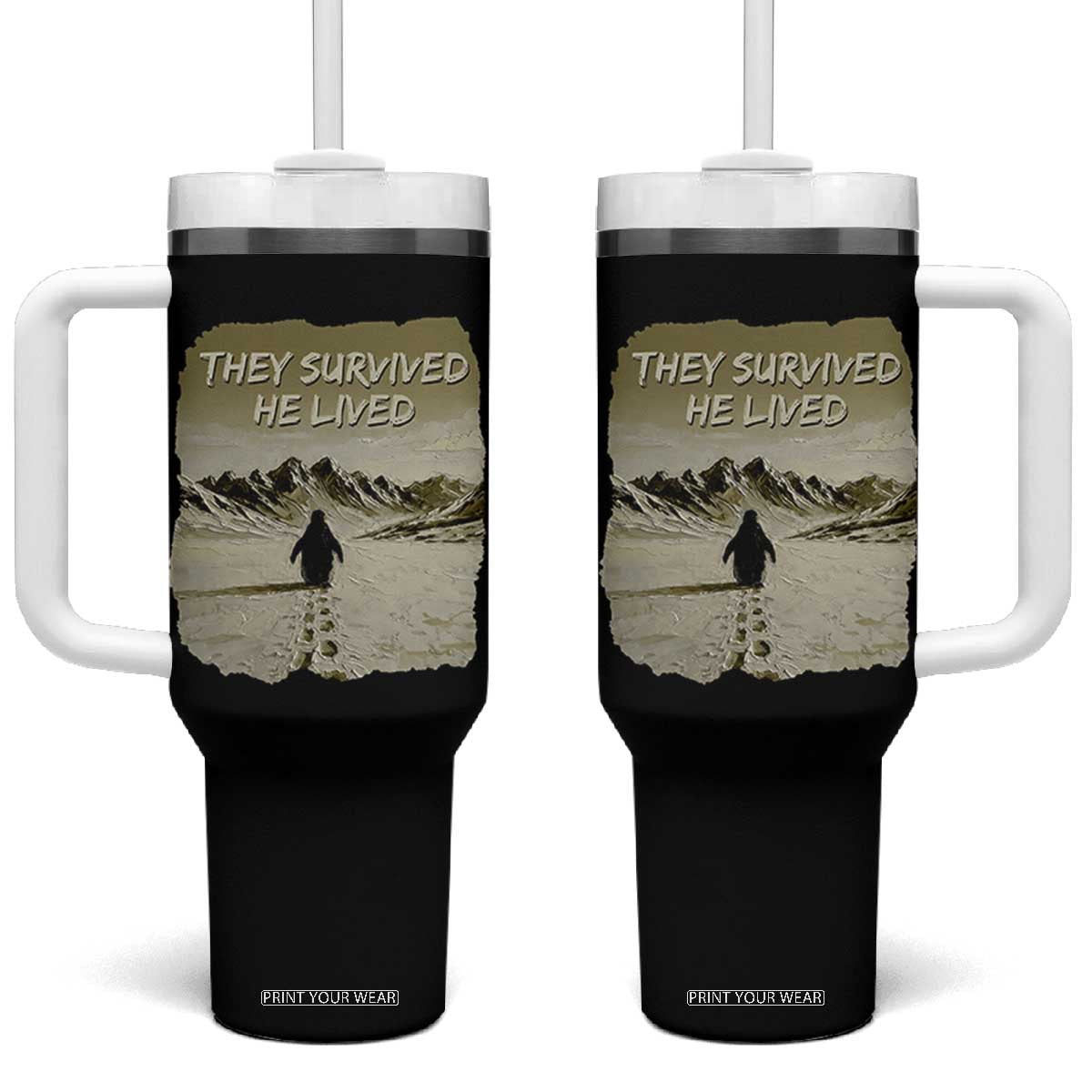 Nihilist Penguin Hiking Meme Tumbler With Handle They Survived He Lived TS14 One Size: 40 oz Black Print Your Wear