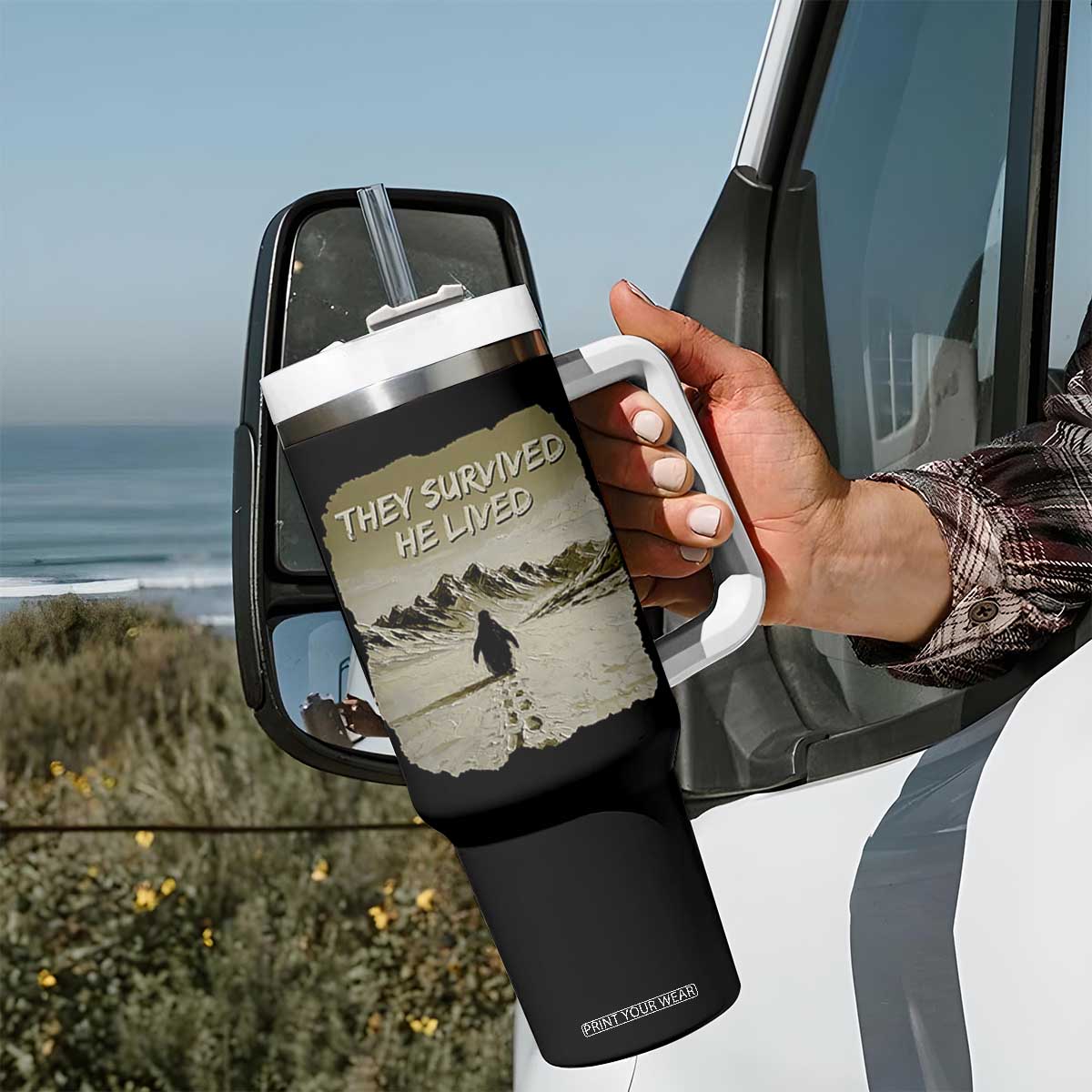 Nihilist Penguin Hiking Meme Tumbler With Handle They Survived He Lived TS14 Print Your Wear