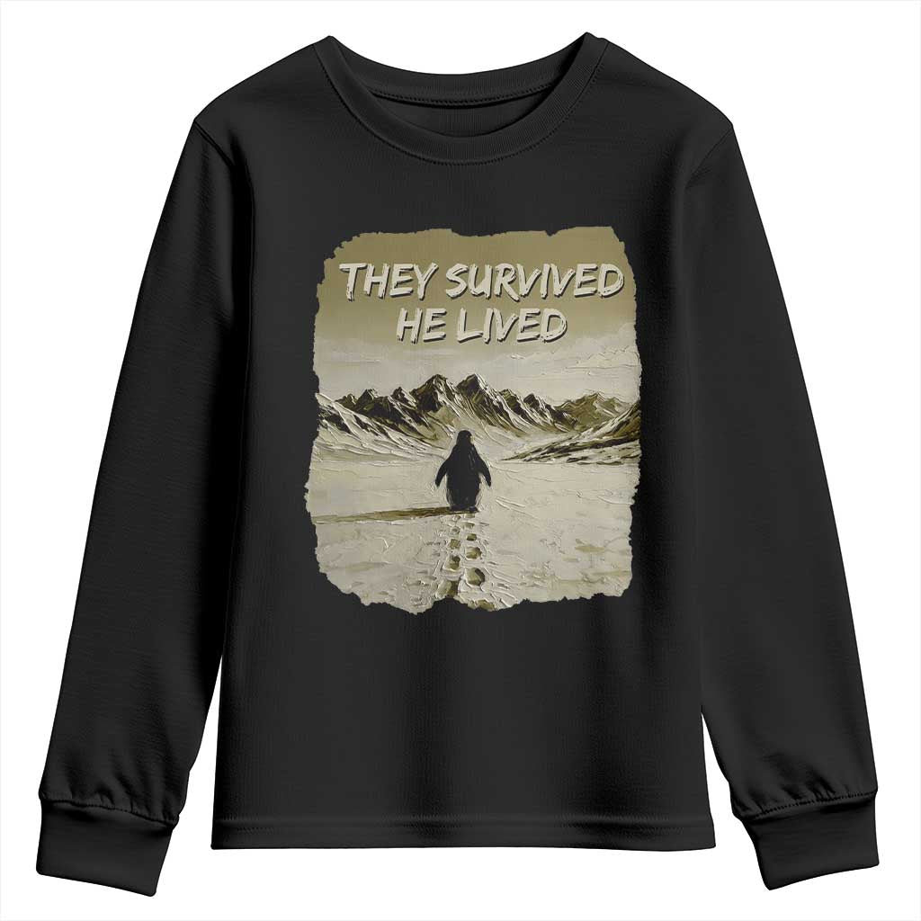 Nihilist Penguin Hiking Meme Youth Sweatshirt They Survived He Lived TS14 Black Print Your Wear