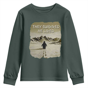 Nihilist Penguin Hiking Meme Youth Sweatshirt They Survived He Lived TS14 Dark Forest Green Print Your Wear