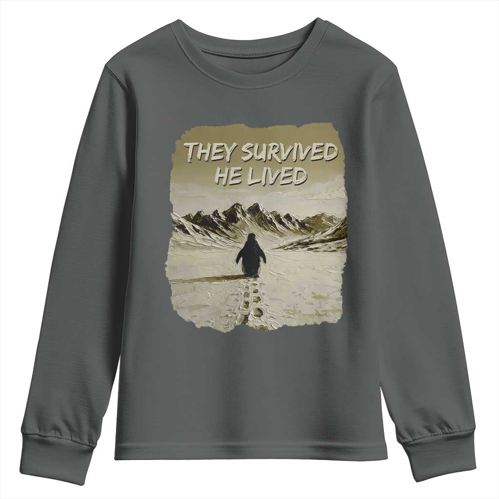 Nihilist Penguin Hiking Meme Youth Sweatshirt They Survived He Lived TS14 Dark Heather Print Your Wear