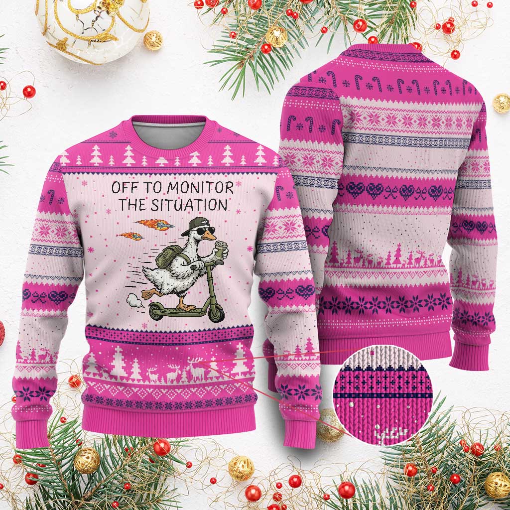 Funny Goose Support Freedom Meme Ugly Christmas Sweater Off To Monitor The Situation TS14 Hot Pink Print Your Wear
