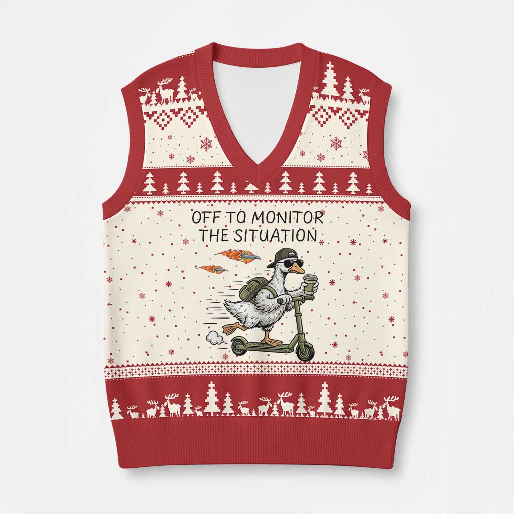 Funny Goose Support Freedom Meme V-Neck Knit Sweater Vest Off To Monitor The Situation TS14 Beige Red Print Your Wear
