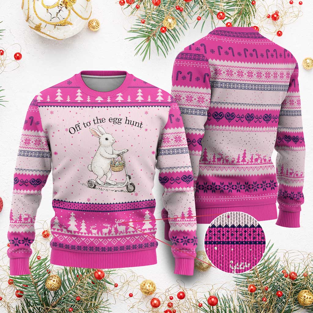 Off To The Egg Hunt Ugly Christmas Sweater Funny Easter Bunny TS14 Hot Pink Print Your Wear
