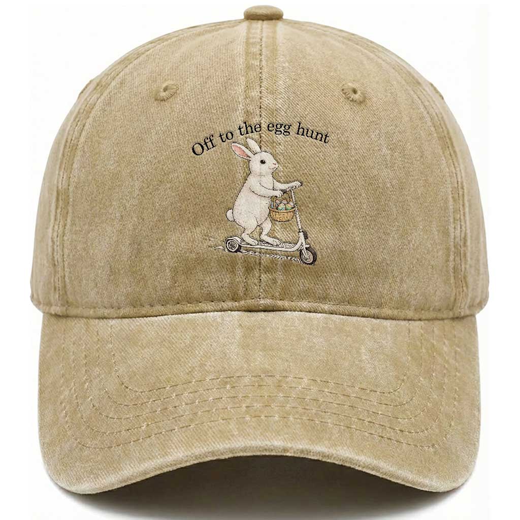 Off To The Egg Hunt Washed Cotton Baseball Cap Funny Easter Bunny TS14 Washed Cap Universal Fit Khaki Print Your Wear