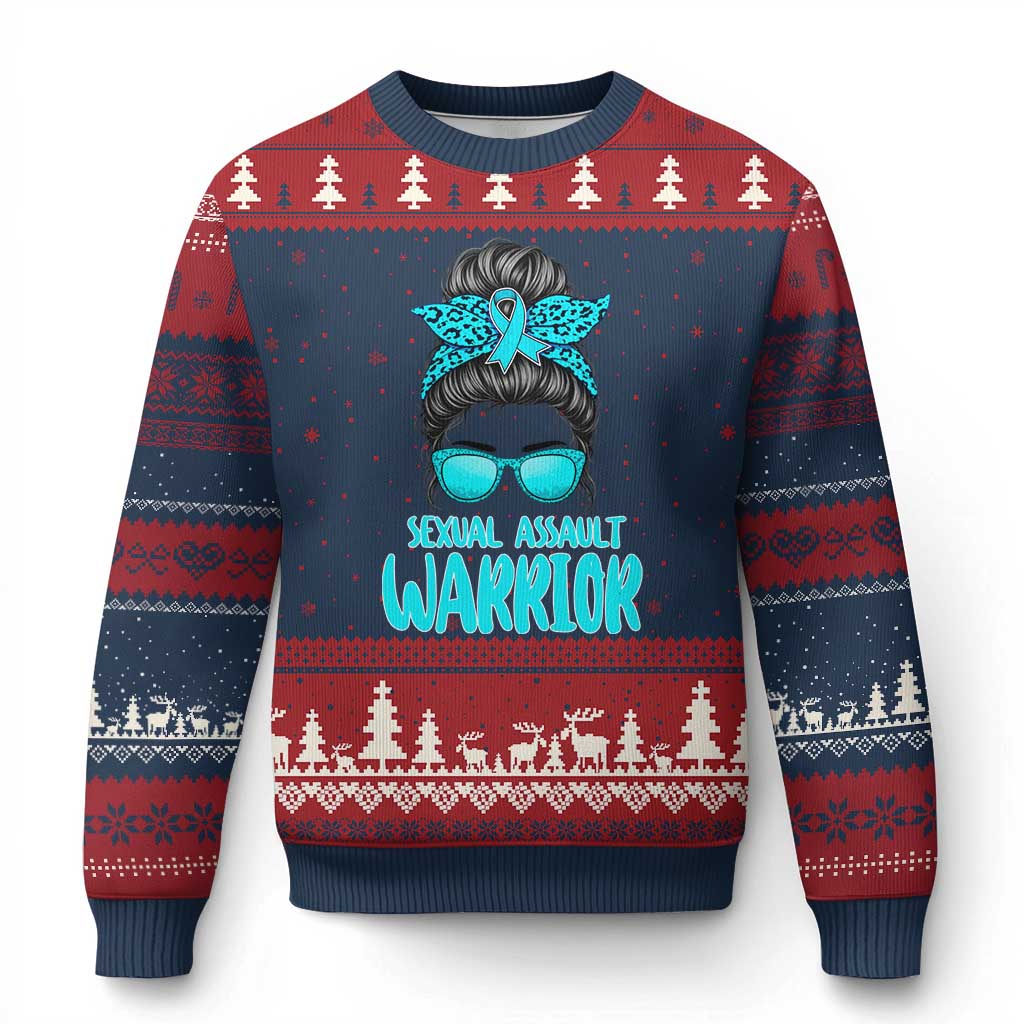 Sexual Assault Awareness Messy Bun Support Survivors Ugly Christmas Sweater TS14 Navy Red Print Your Wear