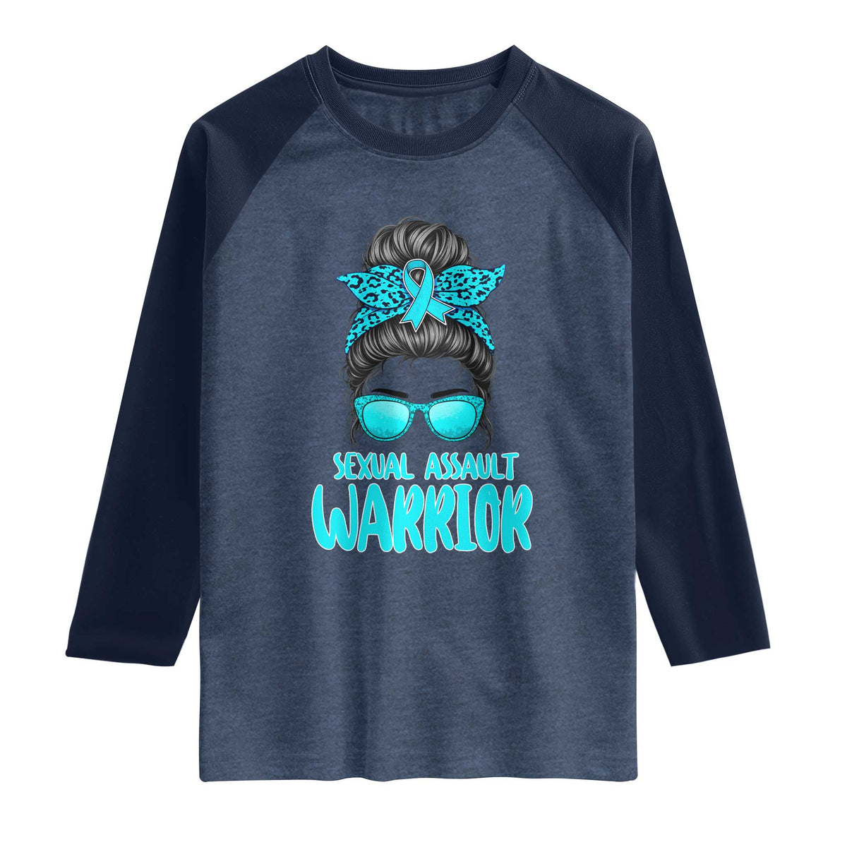 Sexual Assault Awareness Messy Bun Support Survivors Raglan Shirt TS14 Heather Denim Navy Print Your Wear