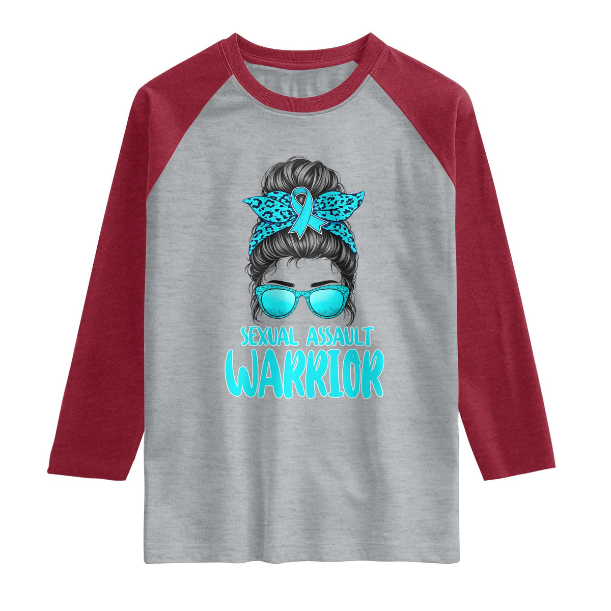 Sexual Assault Awareness Messy Bun Support Survivors Raglan Shirt TS14 Heather Gray Heather Red Print Your Wear