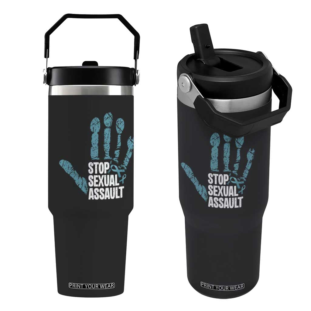 Stop Sexual Assault Flip Straw Tumbler Teal Ribbon Hand TS14 One Size: 30 oz Black Print Your Wear