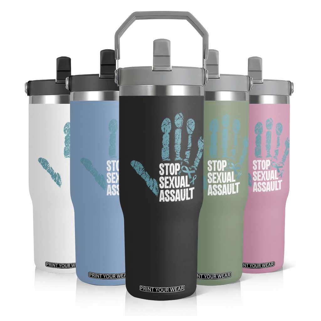 Stop Sexual Assault Flip Straw Tumbler Teal Ribbon Hand TS14 Print Your Wear