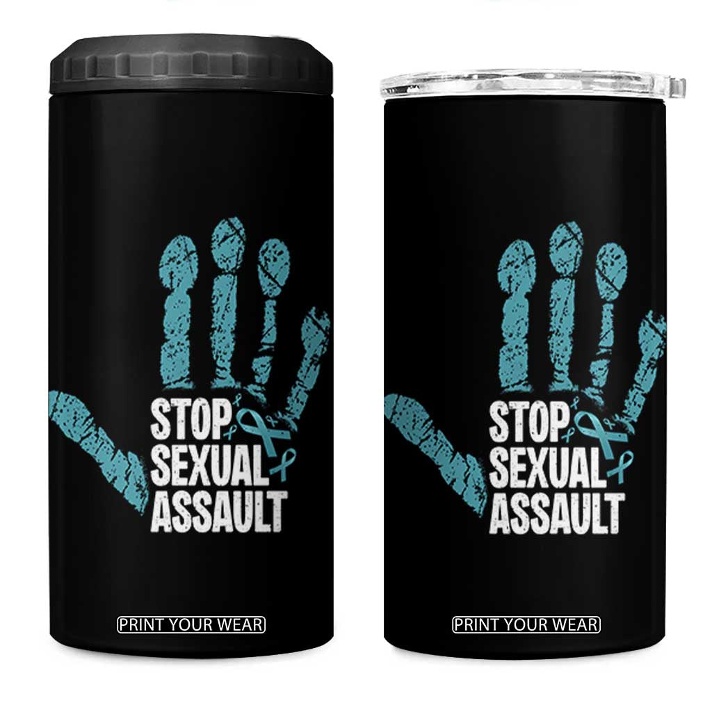 Stop Sexual Assault 4 in 1 Can Cooler Tumbler Teal Ribbon Hand TS14 One Size: 16 oz Black Print Your Wear