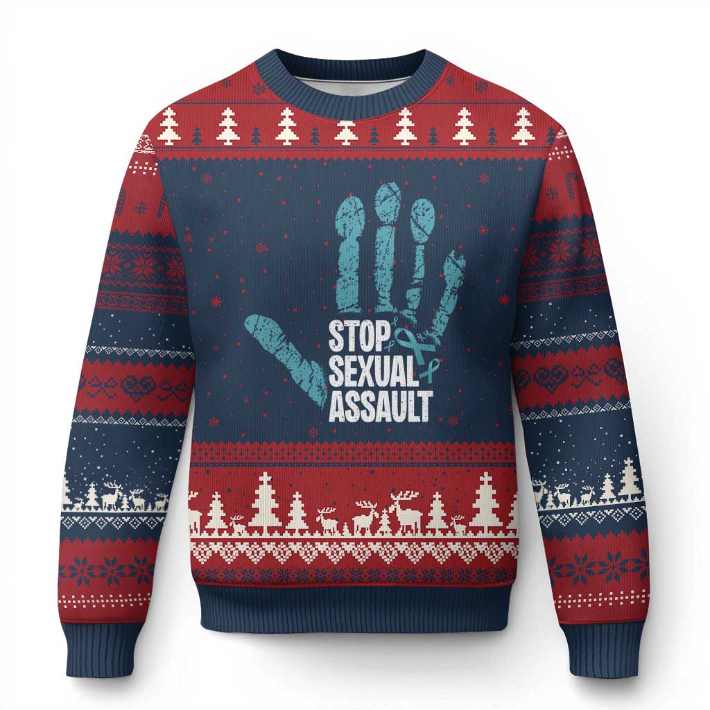Stop Sexual Assault Ugly Christmas Sweater Teal Ribbon Hand TS14 Navy Red Print Your Wear