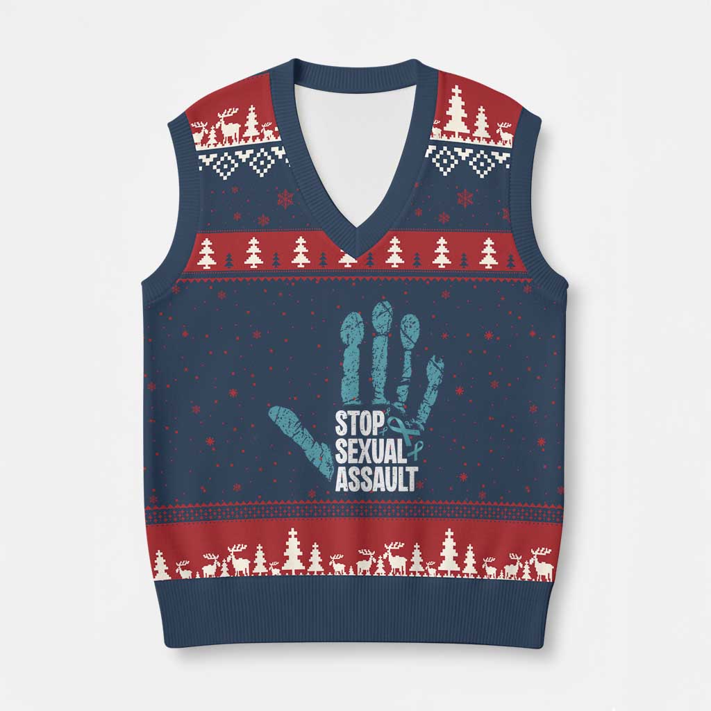 Stop Sexual Assault V-Neck Knit Sweater Vest Teal Ribbon Hand TS14 Navy Red Print Your Wear