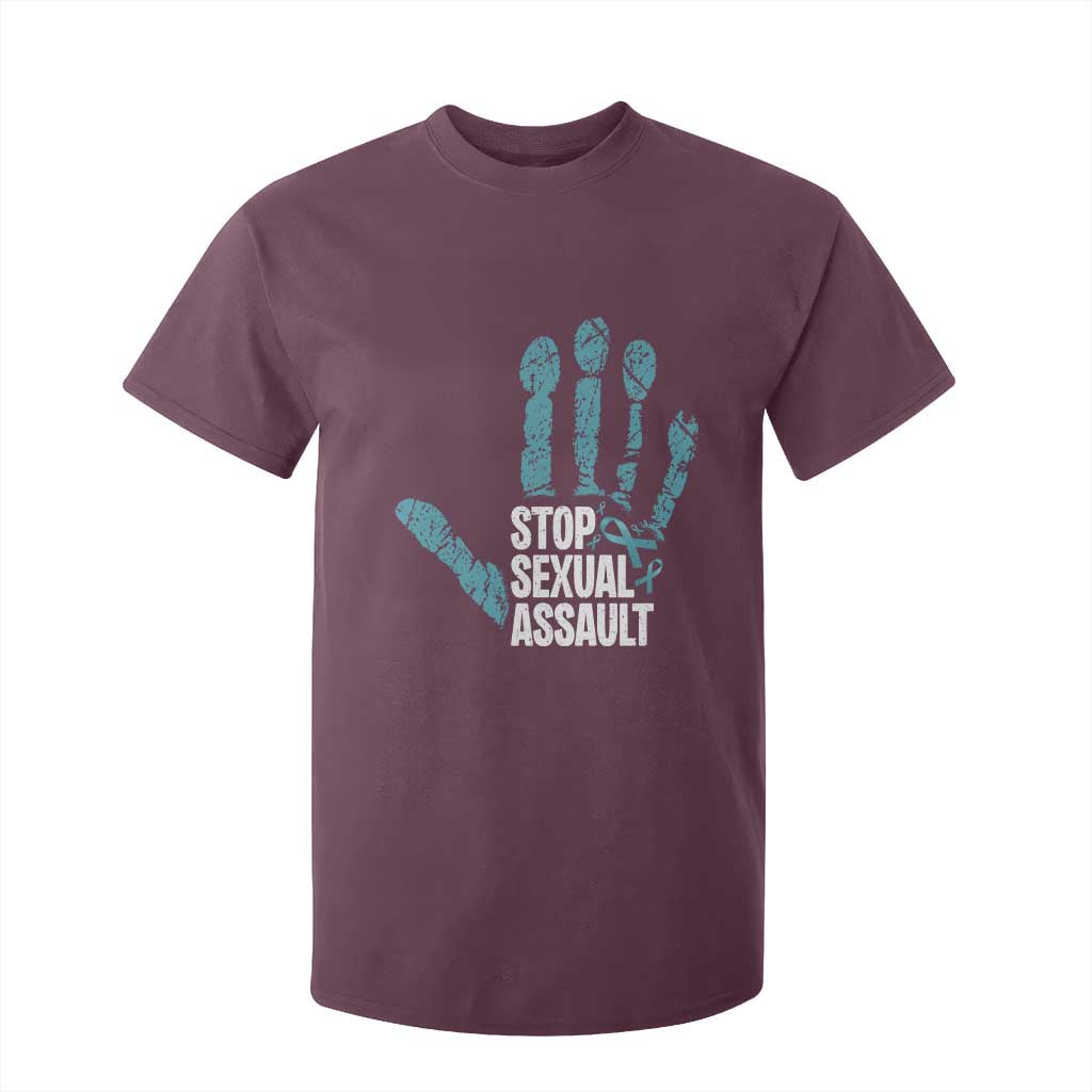 Stop Sexual Assault T Shirt For Kid Teal Ribbon Hand TS14 Maroon Print Your Wear