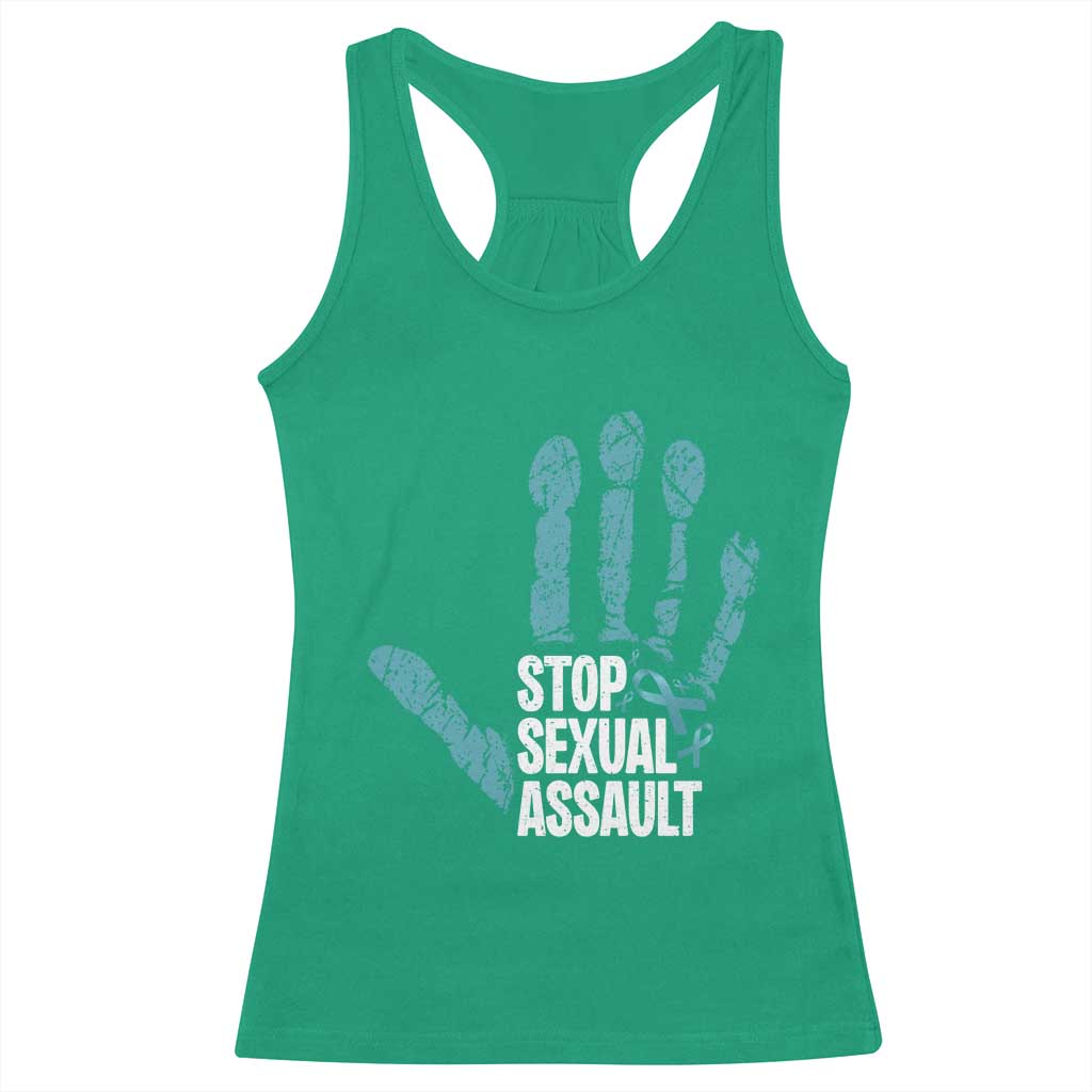 Stop Sexual Assault Racerback Tank Top Teal Ribbon Hand TS14 Irish Green Print Your Wear