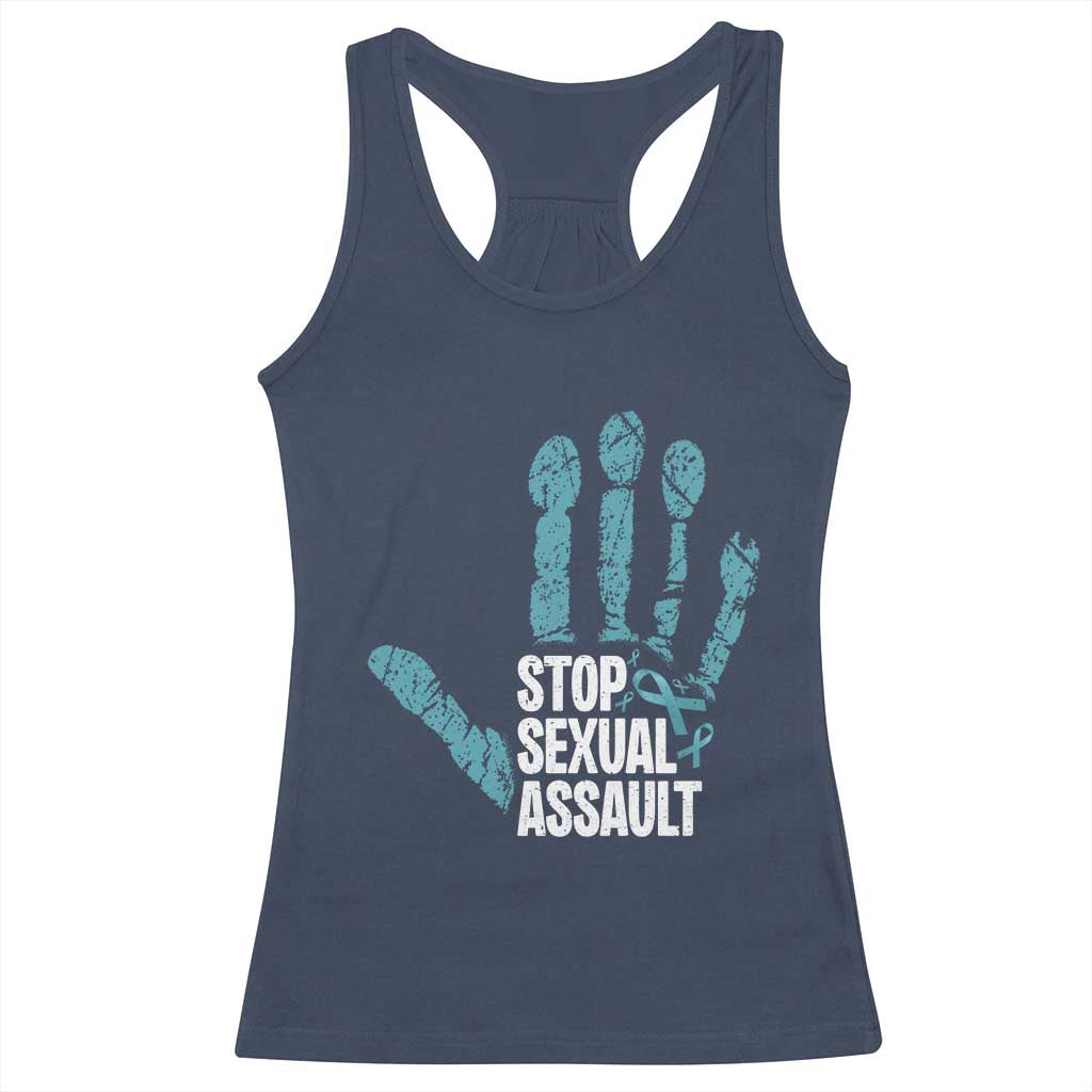 Stop Sexual Assault Racerback Tank Top Teal Ribbon Hand TS14 Navy Print Your Wear